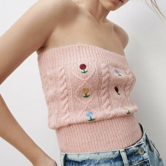 Zara Tops - NWT Zara Pink Pointelle Cable Knit Flower Embroidered Strapless Tube Top